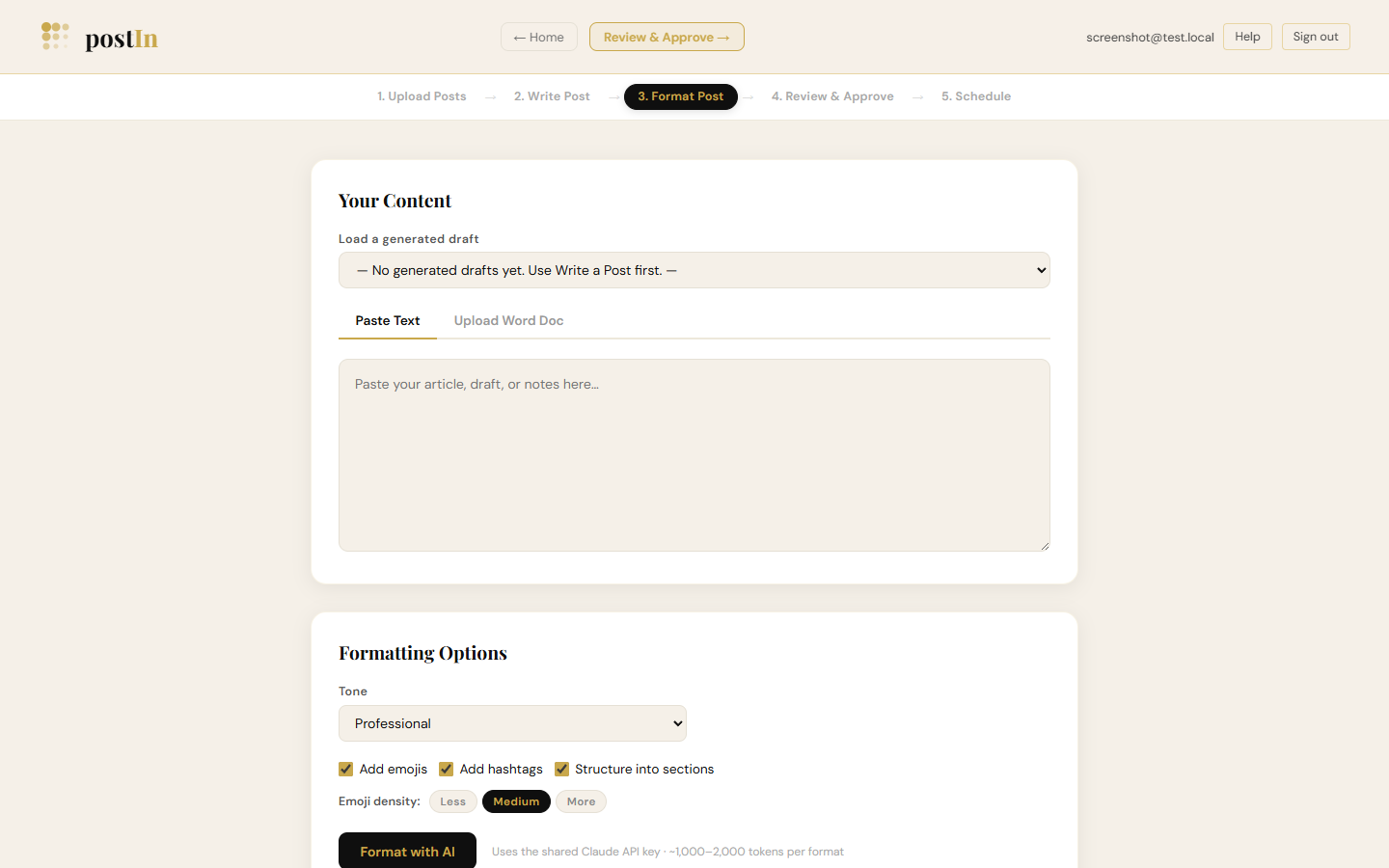PostIn LinkedIn formatter — paste text, format with AI for maximum reach