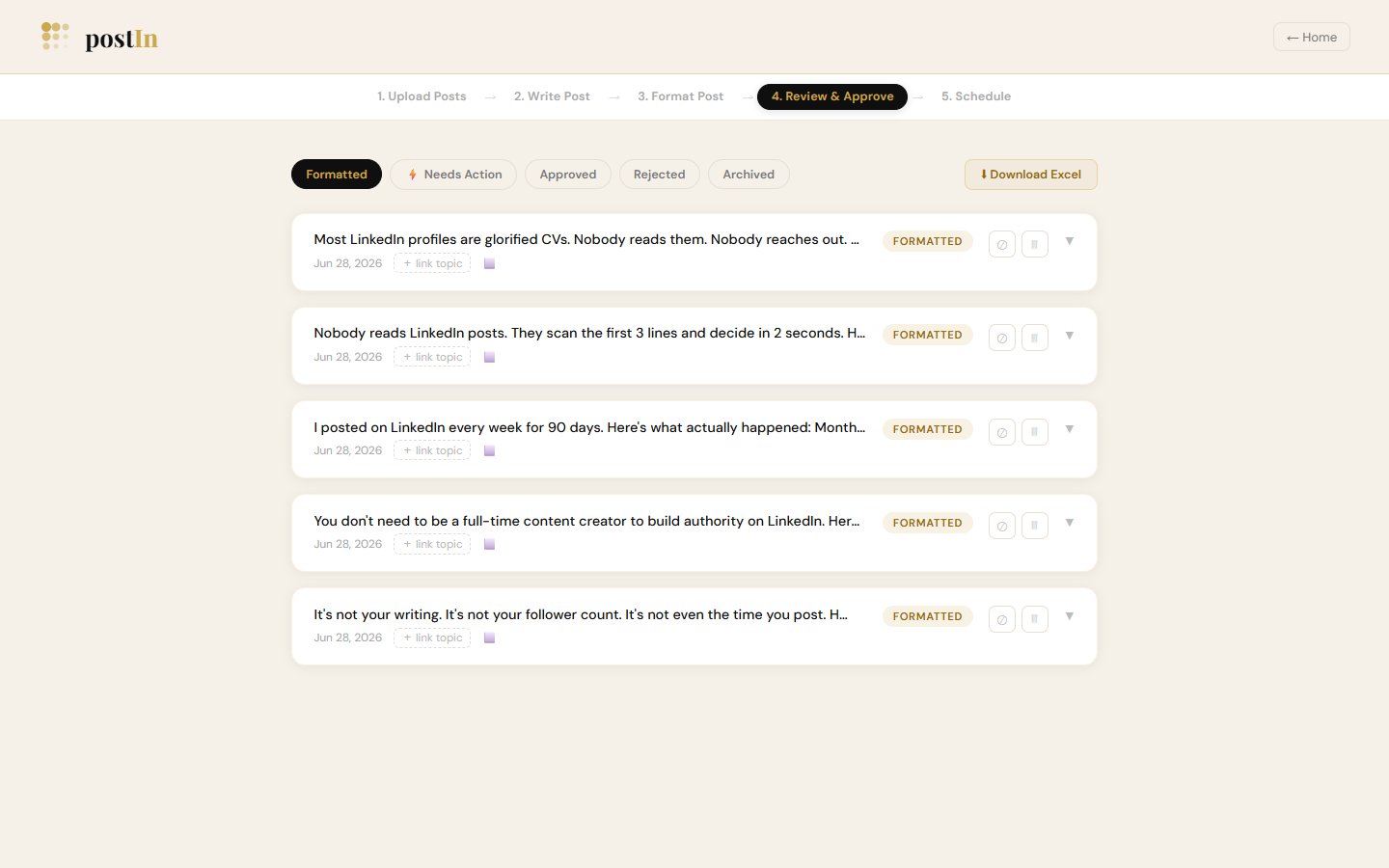 PostIn review queue — approve or reject generated posts before they go live