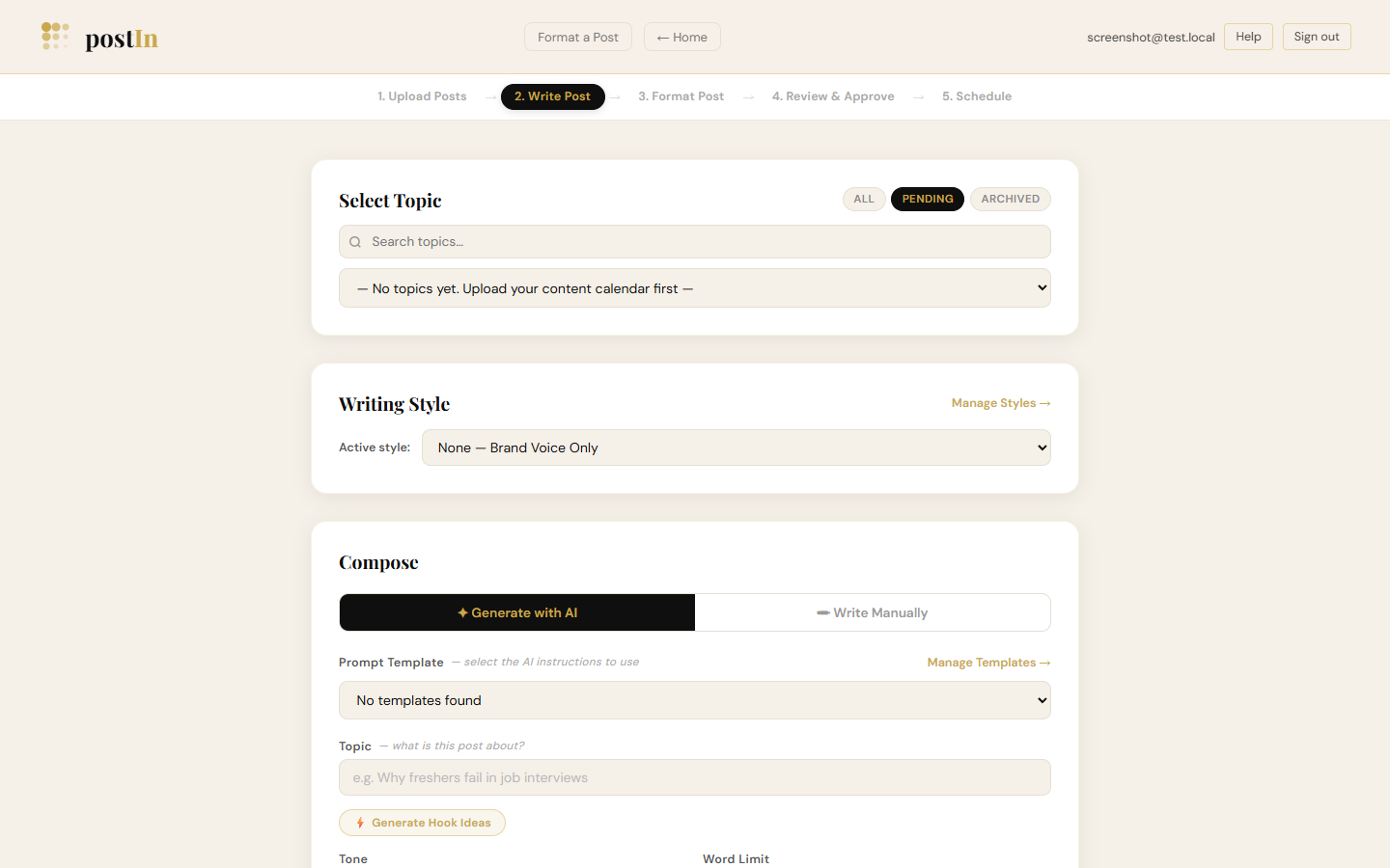 PostIn AI writer — Claude generates a full LinkedIn post in your brand voice